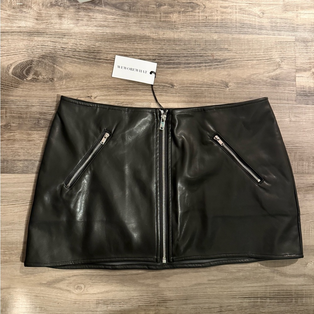 We Wore What Black Vegan Leather Mini Skirt with Silver Zipper